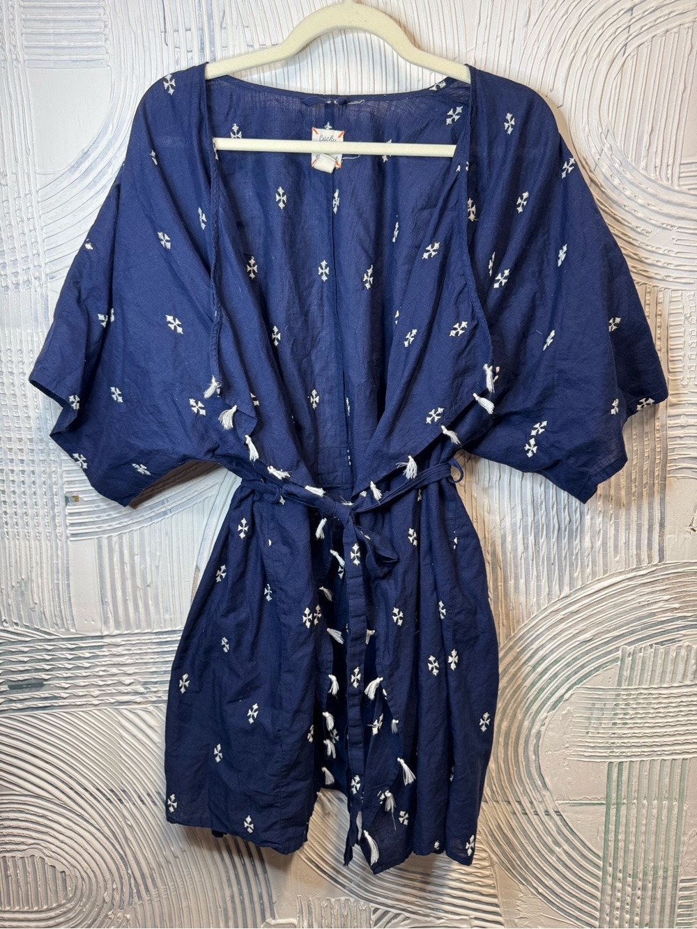 Lucky Brand Navy Blue Embroidered Tie-Waist Kimono Top N0877